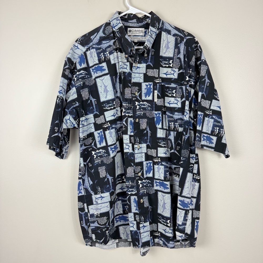 Columbia Button Down Shirt Mens XXL Cotton Short Sleeve Fish Vintage Blue Gray